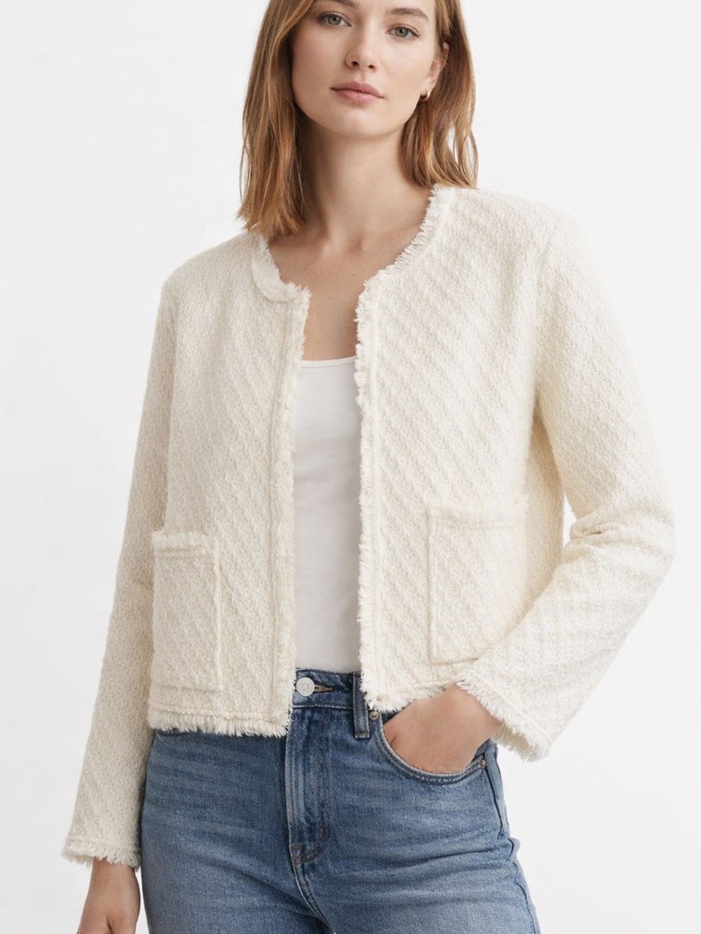 H&M Divided Tweed Cardigan Jacket Cream Boucle Frayed Edge Size Medium NWT